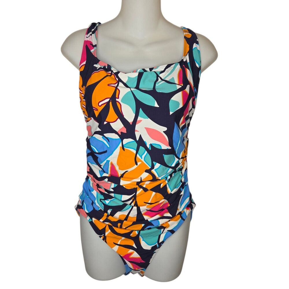 Nautica multicolor tropical print crossback one-piece modest swimsuit, Size XL
